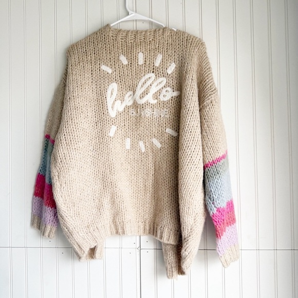 Saltwater Luxe Size L Hello Sunshine Cardigan Sweater in Beige and Stripes NEW! - Picture 2 of 7